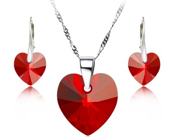 Hart Swarovski sieraden set, rode oorbellen met ketting in 925 sterling zilver, verjaardagscadeau, romantisch cadeau voor vrouw