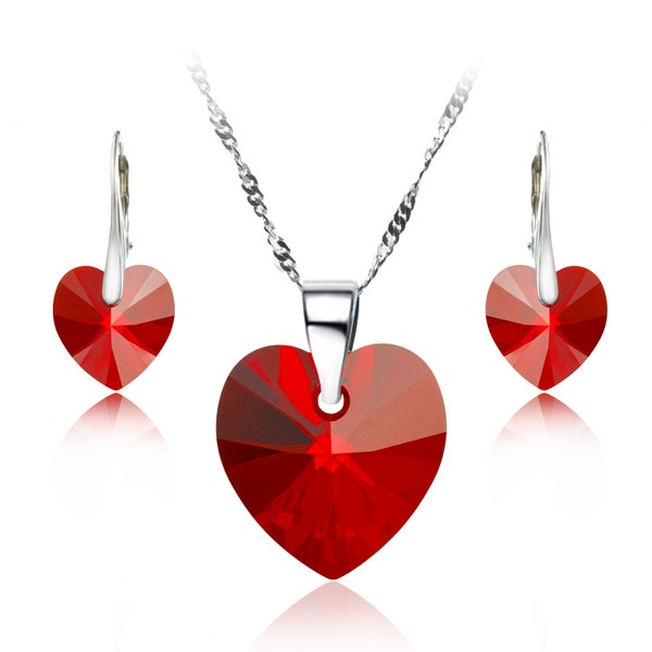 Serce Komplet Biżuterii Swarovski, Czerwone Kolczyki z Naszyjnikiem Srebro 925, Prezent na Rocznicę, Romantyczny Prezent dla Kobiety