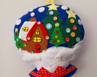 Christmas Snow Globe Hanging Decoration, Gingerbread House Felt Hanging Decoration Xmas Tree Ornament, Winter Décor