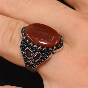 Natürlicher roter Achat Aqeeq Handmade 925 Sterling Silber Männer Ring Geschenk für Ihn