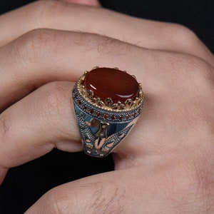 Natürlicher roter Achat Aqeeq Handmade 925 Sterling Silber Männer Ring Geschenk für Ihn