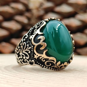 Natural Green Agate Aqeeq Handmade Genuine Authentic Sterling Silver Men Ring Gift for Him