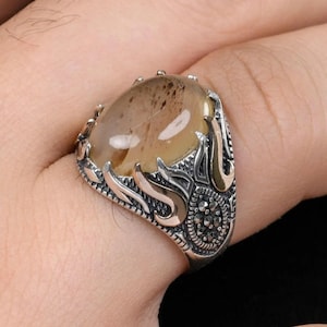 Handgemachter natürlicher jemenitischer Aqeeq Achatstein Authentische Original 925 Sterling Silber Herrenring, Geschenk für ihn