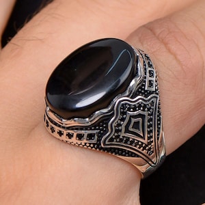 Natürliche Schwarze Achat Aqeeq Handgemachte Echte Authentische 925 Sterling Silber Männer Ring Geschenk für Ihn