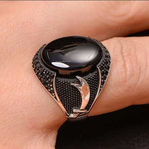 Natürlicher Schwarzer Achat Aqeeq Handgemachtes Echtes Authentisches Sterling Silber Männer Ring Geschenk für Ihn