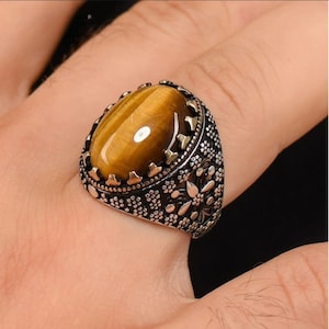 Tiger&#39;s Eye Ottoman Vintage Genuine Handmade Turkish 925 Sterling Silver Men&#39;s Ring