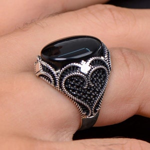 Natürlicher schwarzer Achat Aqeeq Original Handmade 925 Sterling Silber Männer Ring Geschenk für Ihn