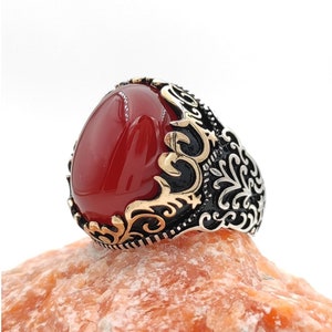 Handgemachte natürliche Red Aqeeq Achat echte authentische 925 Sterling Silber Männer Ring Geschenk für ihn