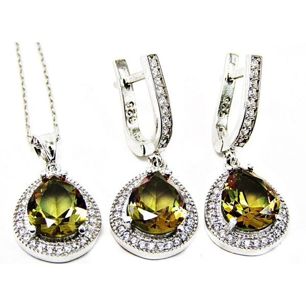 Rare Amazing Color Changing Turkish Diaspore Zultanite 925 Sterling Silver Earrings Necklace set