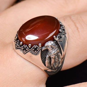 Natürlicher roter Achat Aqeeq Handmade 925 Sterling Silber Männer Ring Geschenk für Ihn