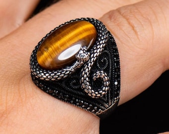 Tiger's Eye Ottoman Vintage Echte Handgemaakte Turkse 925 Sterling Zilveren Herenring