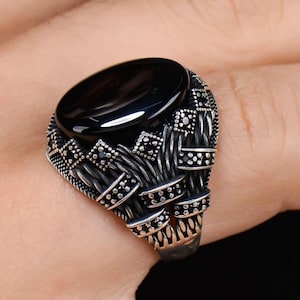 Natürliche Schwarze Achat Aqeeq Handgemachte Echte Authentische 925 Sterling Silber Männer Ring Geschenk für Ihn