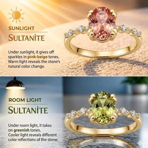 Könnte beinhalten: Ein goldener Ring mit einem ovalen Sultanit-Edelstein. Der Ring hat kleinere Akzentsteine. Der Text lautet "SUNLIGHT SULTANITE" und "ROOM LIGHT SULTANITE" und beschreibt den Farbwechsel.