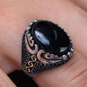 Natural Black Agate Aqeeq Handmade Turkish Genuine Authentic 925 Sterling Silver Men Ring Gift for Him