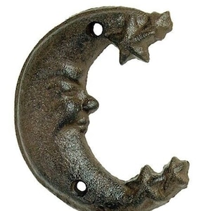 Moon Face Stars Wall Hook Cast Iron Key Towel Coat Hanger Antique Style Brown