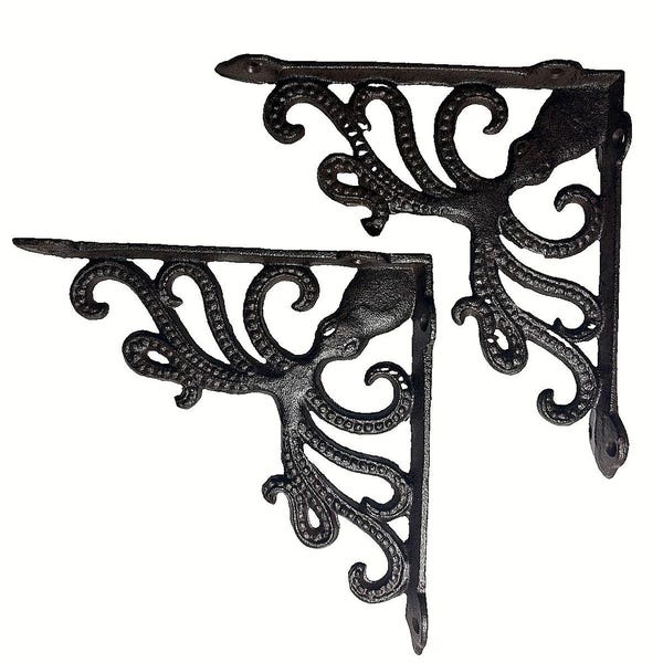 Set of 2 Cast Iron Octopus Shelf Brackets – 7 5/8" Nautical Ocean Decor
