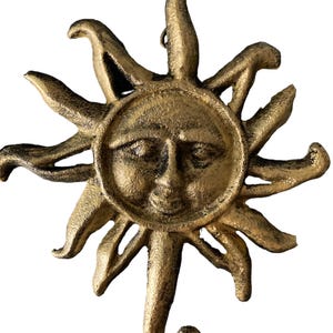 Sun Face Cast Iron Wall Hook 6&quot; Key Holder Muted Brass Color Gift