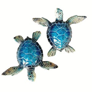 Two Sea Turtle Figurine 3.25" Long Textured Polystone Blue Color Home Decor Gift