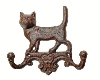 Cat Wall Hook Rack Cast Iron Coats Towels 6.25" Long Rustic Brown Kitten Kitty