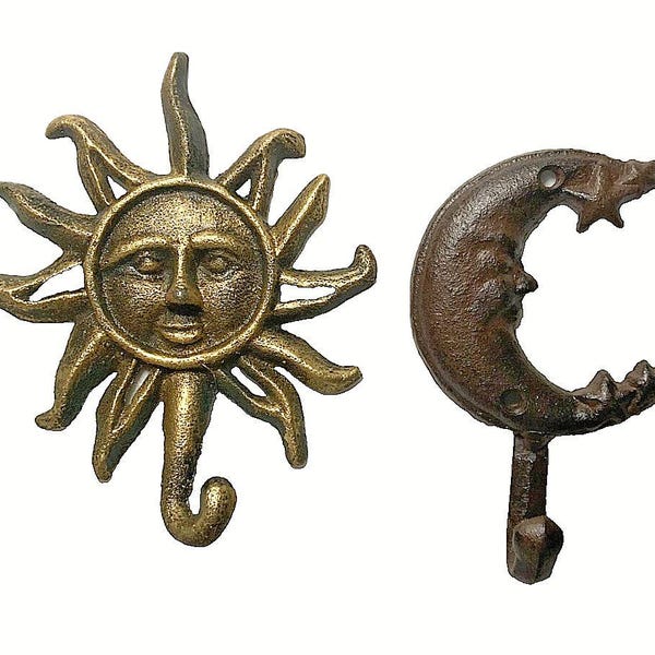 Celestial Duo Cast Iron Wall Hooks Sun Moon 6" Gold and Rustic Brown Gift