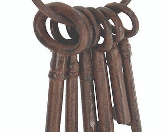 Six Jailor Set Keys Ring Pirate Skeleton Old West Cast Iron Rustic Brown