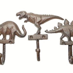 Dino Trio Wall Hooks Dinosaur Cast Iron Key Towel Coat Hanger Rustic Brown Gift