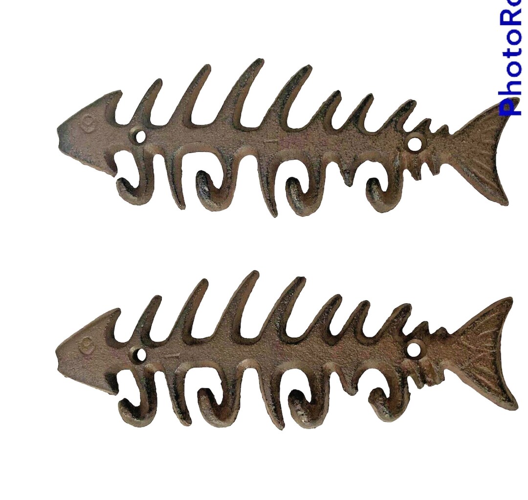 Two Cast Iron Fishbones Wall Hooks Rustic Brown 7.5