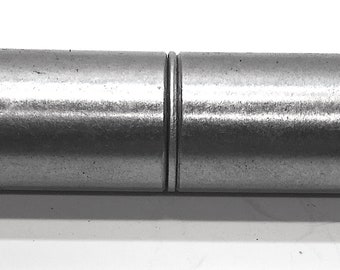 May include: A silver metal hinge with a rounded barrel shape. The hinge is made of two pieces that are joined together in the middle.