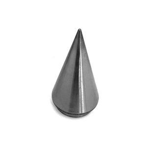 May include: A metallic silver cone-shaped object with a flat base. The cone tapers to a sharp point. The object is set against a white background. The object appears to be made of metal.