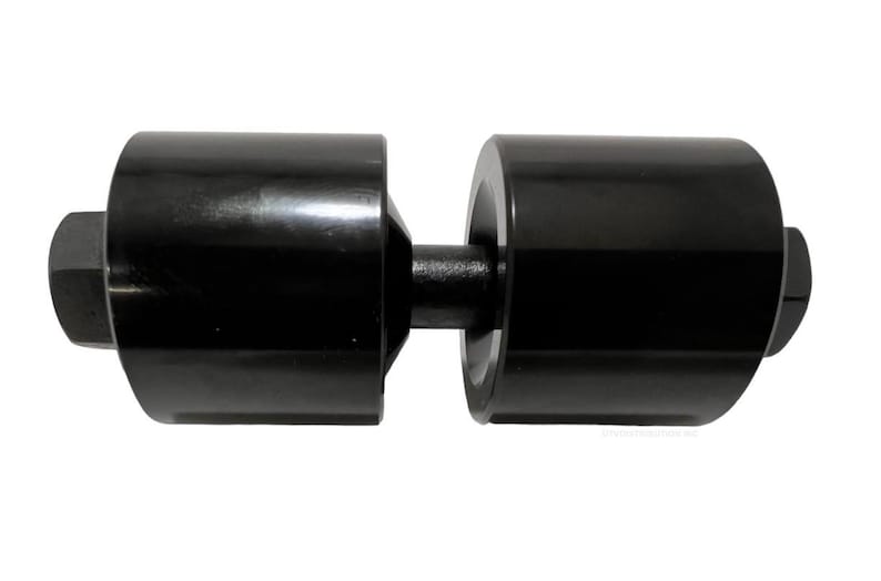 May include: Black metal tool with two round heads connected by a metal bar. The tool is used for pressing metal.