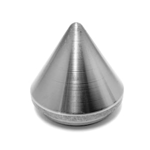 May include: A silver metal cone-shaped furniture leg with a smooth, brushed finish.