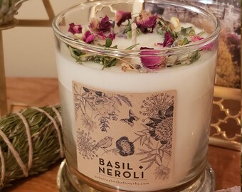 Basil Neroli Botanical Soy Candle | Natural Soy Candle | Outer Realms Candle | Meditation Candle | Travel Candle | Spiritual | Dried Flowers