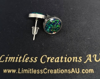 Pendientes de botón de 8 mm, regalo, esmeralda negra, ópalo sintético triturado