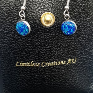 Stainless Steel Dangling Earrings 8mm Crushed Synthetic Opal Royal Blue