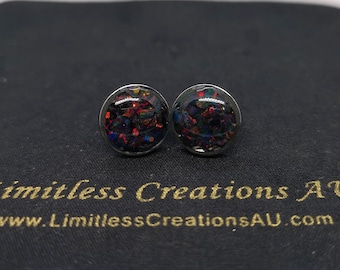 Stud 8mm, Earrings, Gift, Fire Black, Crushed Synthetic Opal, Jewellery, Hers