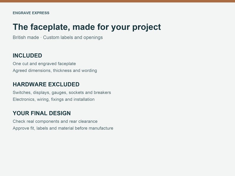 Pu&ograve; includere: Un grafico informativo bianco con testo scuro che recita: ENGRAVE EXPRESS, The faceplate, made for your project, British made, Custom labels and openings, INCLUDED, HARDWARE EXCLUDED e YOUR FINAL DESIGN con elenchi associati.