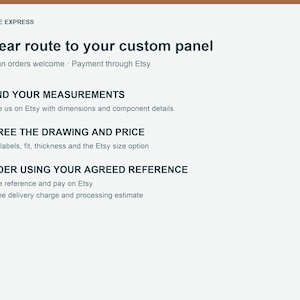 Pu&ograve; includere: Un grafico informativo intitolato ENGRAVE EXPRESS A clear route to your custom panel. Illustra tre passaggi: 1 SEND YOUR MEASUREMENTS, 2 AGREE THE DRAWING AND PRICE e 3 ORDER USING YOUR AGREED REFERENCE, con istruzioni testuali.