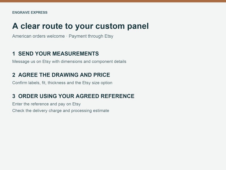 Pu&ograve; includere: Un grafico informativo intitolato ENGRAVE EXPRESS A clear route to your custom panel. Illustra tre passaggi: 1 SEND YOUR MEASUREMENTS, 2 AGREE THE DRAWING AND PRICE e 3 ORDER USING YOUR AGREED REFERENCE, con istruzioni testuali.