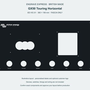 Może przedstawiać: Czarny prostokątny panel przedni do systemu Victron Energy GX50 Touring Horizontal. Panel posiada wycięcia na przełączniki i wyświetlacze oraz etykiety Ceiling, Kitchen, Awning, Pump, Fan i Spare. Wymiary wynoszą 360 x 190 mm.