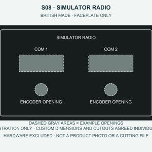 Puede incluir: Una placa frontal rectangular negra de radio simulador con el texto SIMULATOR RADIO, COM 1, COM 2 y ENCODER OPENING. Incluye dos áreas rectangulares y dos circulares con líneas grises discontinuas para aberturas.