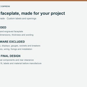 Może przedstawiać: Biała grafika informacyjna z ciemnym tekstem: ENGRAVE EXPRESS, The faceplate, made for your project, British made, Custom labels and openings, INCLUDED, HARDWARE EXCLUDED oraz YOUR FINAL DESIGN wraz z powiązanymi listami.
