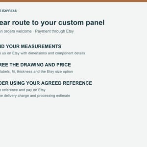 Może przedstawiać: Grafika informacyjna zatytułowana ENGRAVE EXPRESS A clear route to your custom panel. Przedstawia trzy kroki: 1 SEND YOUR MEASUREMENTS, 2 AGREE THE DRAWING AND PRICE oraz 3 ORDER USING YOUR AGREED REFERENCE, wraz z instrukcjami.