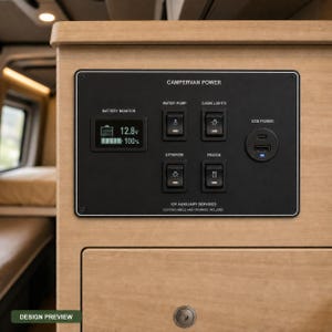 May include: A black rectangular campervan power control panel mounted on a light wood surface. It features a digital battery monitor displaying 12.8v and 100%, four rocker switches labeled Water Pump, Cabin Lights, Exterior, and Fridge, and a USB port.