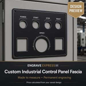 May include: A black rectangular industrial control panel fascia with white text labels for Power, Start, Stop, Reset, and Speed. The panel features four circular cutouts, two square cutouts, and a central circular dial area with a white speed scale.