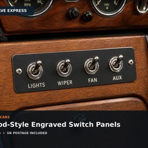 Puede incluir: Un panel de interruptores rectangular negro montado en un tablero de madera, con cuatro interruptores de palanca de metal plateado. Cada interruptor tiene una etiqueta con texto blanco que dice LIGHTS, WIPER, FAN y AUX, fijado con dos tornillos.