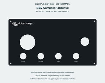 Può includere: Un pannello frontale rettangolare nero di 300 x 160 mm, etichettato BMV Compact Horizontal. Presenta il logo Victron Energy, un grande ritaglio circolare, quattro ritagli circolari più piccoli etichettati Ceiling, Kitchen, Pump e Spare, e quattro fori di montaggio agli angoli.