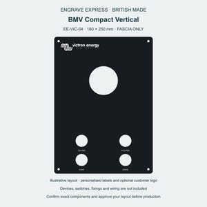 Pu&ograve; includere: Un pannello frontale rettangolare nero BMV Compact Vertical che misura 180 x 250 mm. Presenta un grande ritaglio circolare nella parte superiore, quattro ritagli circolari pi&ugrave; piccoli in basso e il testo Victron Energy, Ceiling, Kitchen, Pump, Spare.
