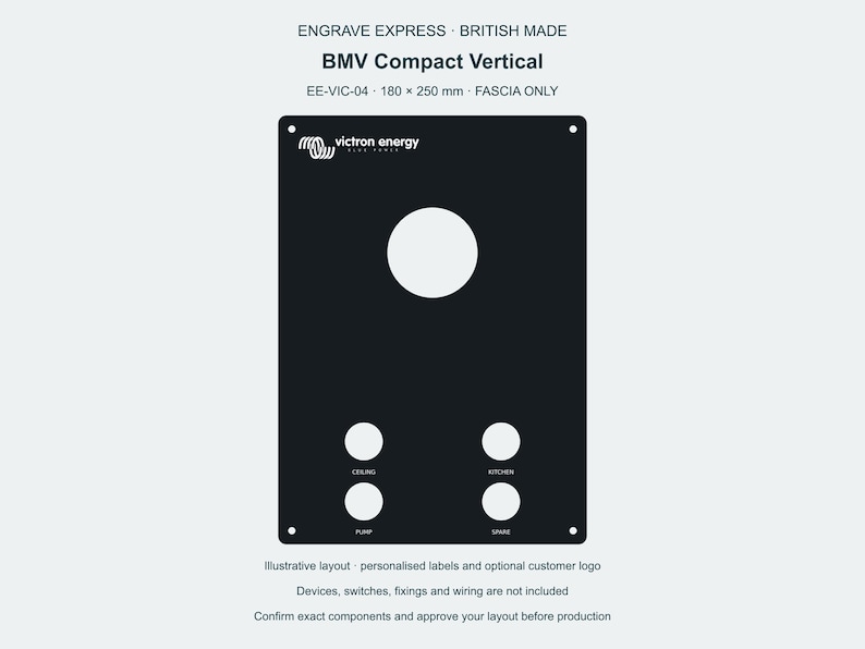 Pu&ograve; includere: Un pannello frontale rettangolare nero BMV Compact Vertical che misura 180 x 250 mm. Presenta un grande ritaglio circolare nella parte superiore, quattro ritagli circolari pi&ugrave; piccoli in basso e il testo Victron Energy, Ceiling, Kitchen, Pump, Spare.