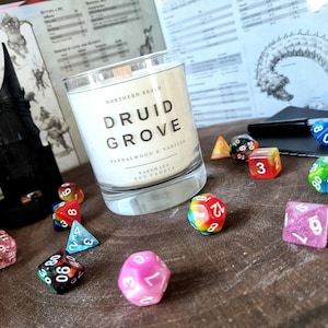 Fantasy DnD Candles with Hidden Metal D20 Option | Wood Wick Soy Wax | TTRPG Gifts/Home Decor | DND Spells
