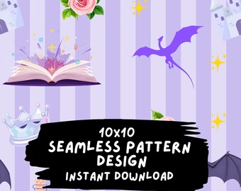 May include: Seamless pattern design with a fantasy theme. The design features a purple dragon, castles, roses, crowns, and spell books on a striped lavender background. The text reads "10x10 Seamless Pattern Design Instant Download."